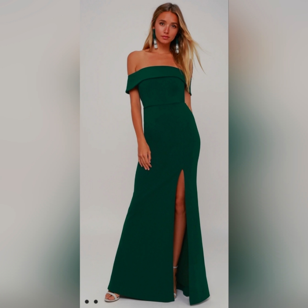 Aveline Forest Green Off-the-shoulder Maxi dress from Lulus